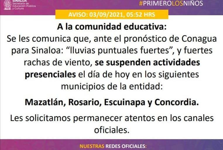 Se suspenden clases desde Mazatlán hasta Escuinapa por lluvias