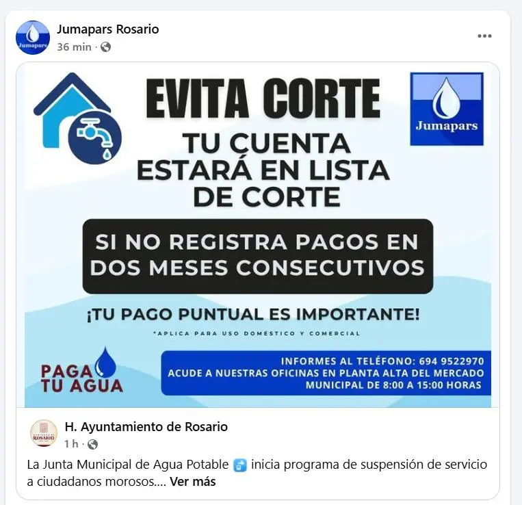 $!Ayuntamiento de Rosario y Jumapars advierten cortes de agua a usuarios morosos