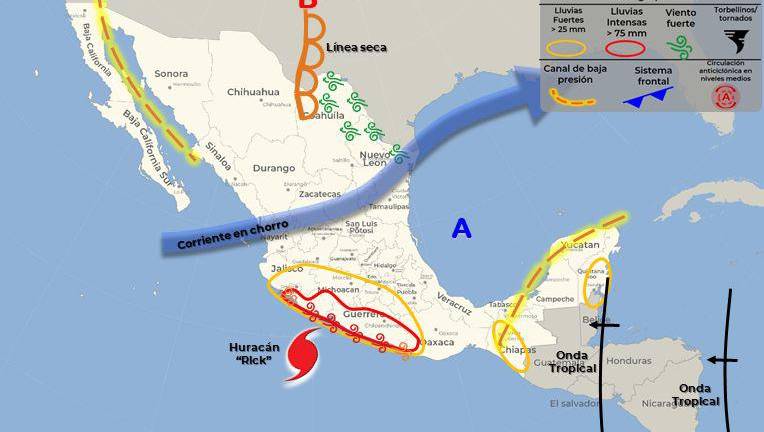 Provoca huracán Rick lluvias puntuales extraordinarias en Guerrero y Michoacán e intensas en Colima, Jalisco y Oaxaca