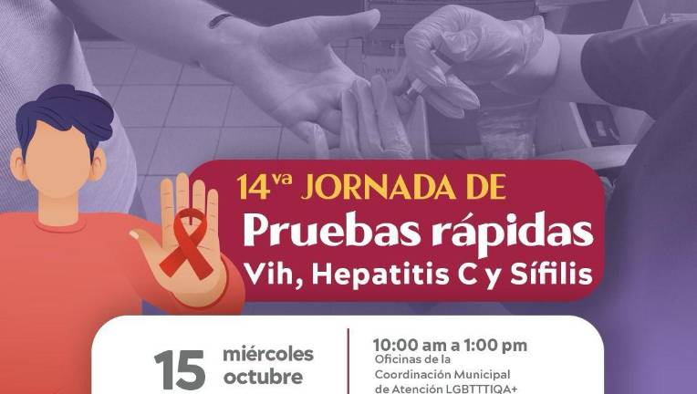 La jornada 14 de pruebas rápidas de sífilis, hepatitis C y VIH se pondrá en marcha en punto de las 10:00 horas en la Coordinación Municipal de Atención a la Población LGBTQ+.