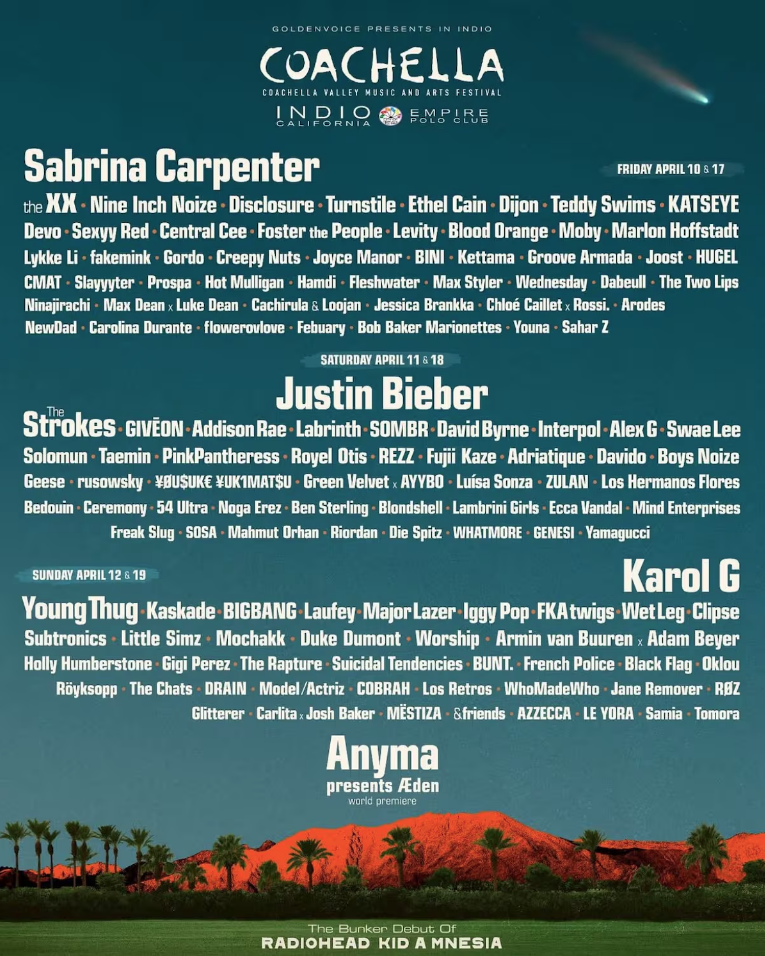 $!Karol G, Sabrina Carpenter, Justin Bieber encabezan el cartel de Coachella 2026