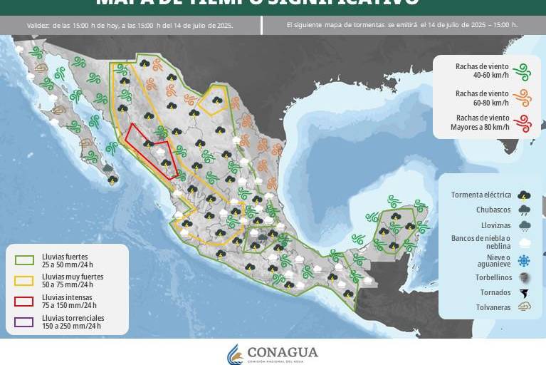 Se mantiene pronóstico de lluvias muy fuertes a puntuales intensas en Sinaloa por monzón mexicano