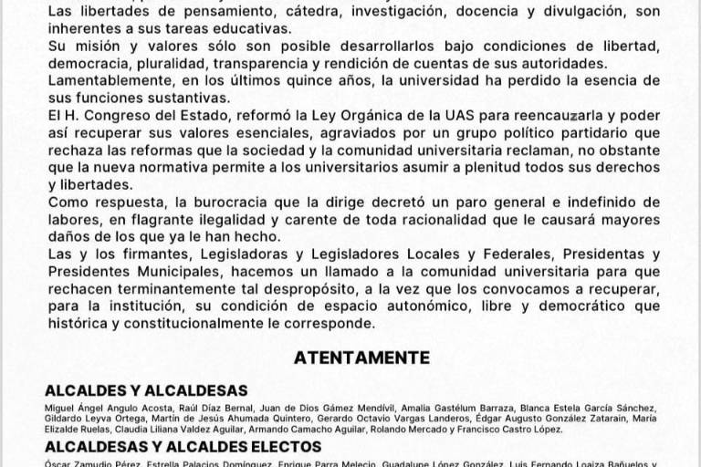 Políticos sinaloenses llaman a comunidad de la UAS a rechazar paro de labores