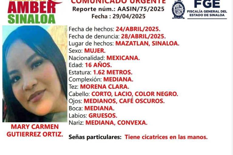 En Mazatlán activan Alerta Amber por desaparición de Mary Carmen