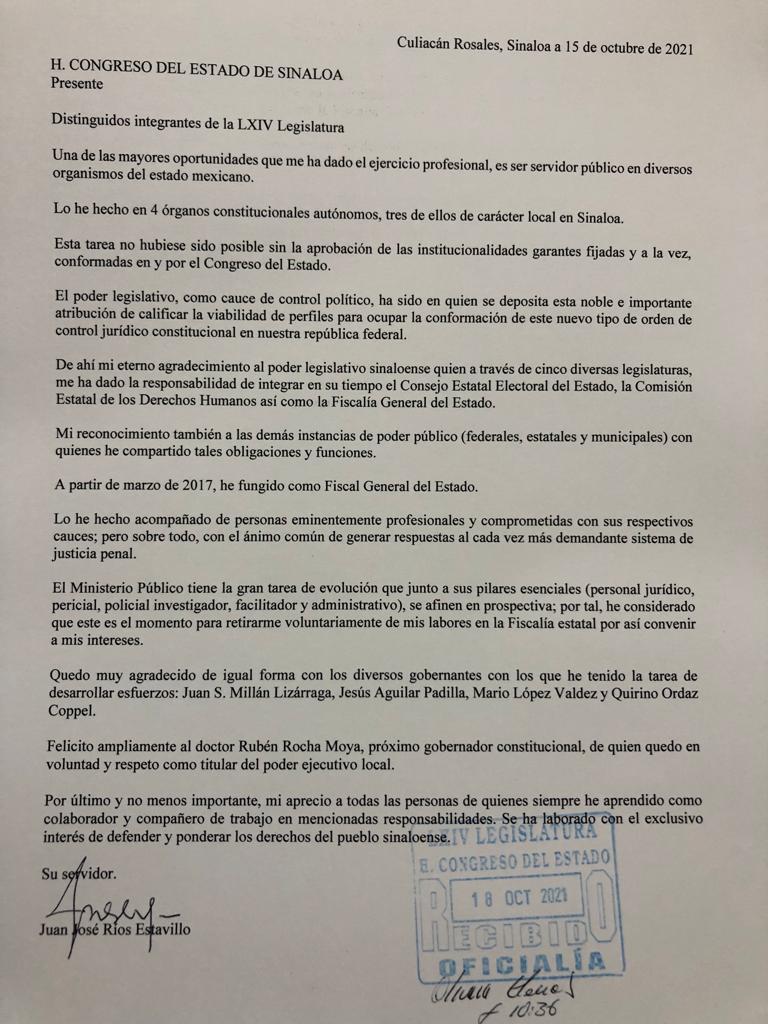 $!Juan José Ríos Estavillo presenta renuncia como Fiscal de Sinaloa ante el Congreso