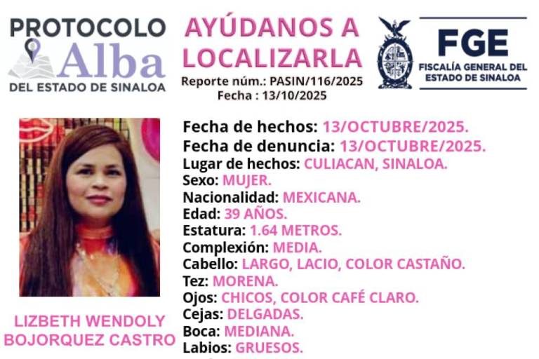 FGE activa Protocolo Alba para localizar a mujer reportada como no localizada en Aguaruto, Culiacán