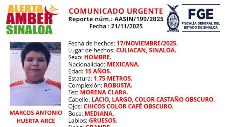 La FGE activó la Alerta Amber para la localización de Marcos Antonio, desaparecido en Culiacán.