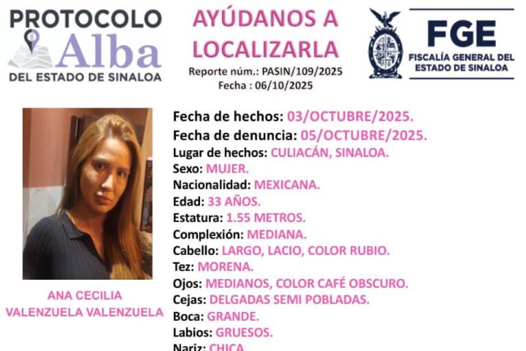 Buscan en Culiacán a Ana Cecilia, reportada como desaparecida desde el 3 de octubre