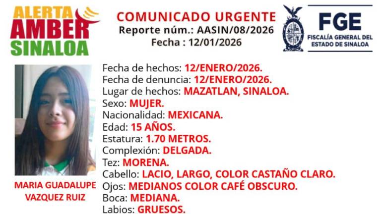María Guadalupe Vázquez Ruiz desapareció el 12 de enero en la colonia Universo en Mazatlán.