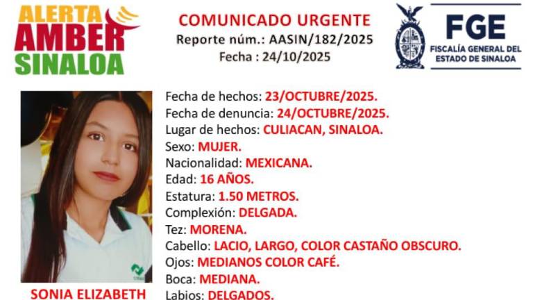 La FGE activó la Alerta Amber para la localización de Sonia Elizabeth, desaparecida en Culiacán.