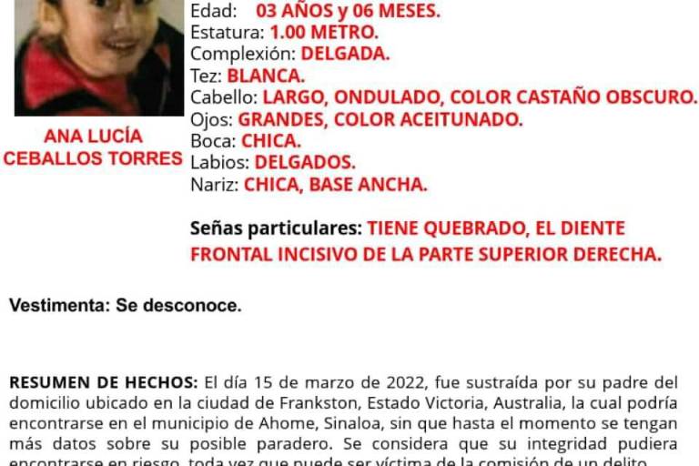 Buscan en Sinaloa a Ana Lucía, niña de 3 años sustraída en Australia