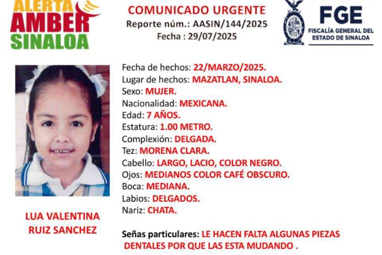 Activan Alerta Amber por la desaparición Lua Valentina en Mazatlán