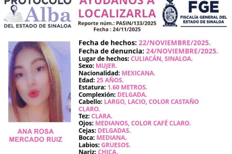 Activan Protocolo Alba para la búsqueda de Ana Rosa en Culiacán