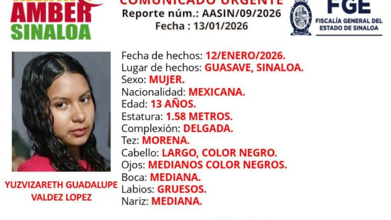 La Fiscalía Sinaloa activó los protocolos de búsqueda para la localización de una menor de edad desaparecida en Guasave.