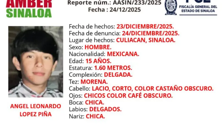 La FGE activó la Alerta Amber para la localización de un menor de 15 años desaparecido en Culiacán.