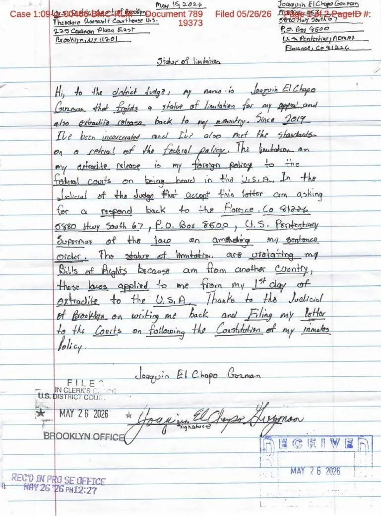 $!Harfuch descarta cartas de ‘El Chapo’; capo insiste en extradición con misiva 11 a juez de EU