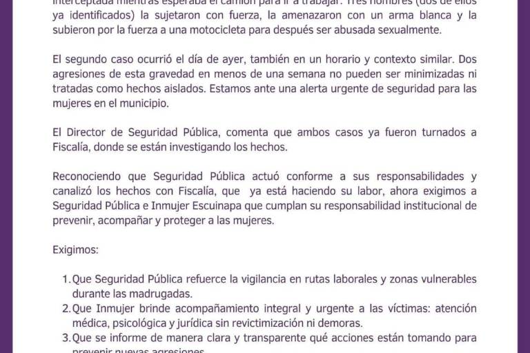 Alerta colectivo sobre ataques a mujeres en tres días, en Escuinapa