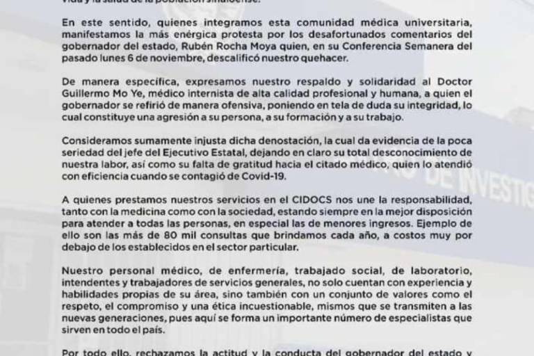 Médicos del Hospital Civil respaldan a doctor por denostaciones hechas por Rocha Moya
