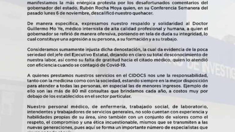 El comunicado fue firmado por el doctor José Alfredo Contreras Gutiérrez, Director del Centro de Investigación y Docencia en Ciencias de la Salud de la UAS.