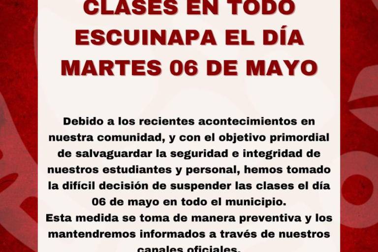 Ante hechos de violencia, anuncian suspensión de clases este martes en Escuinapa