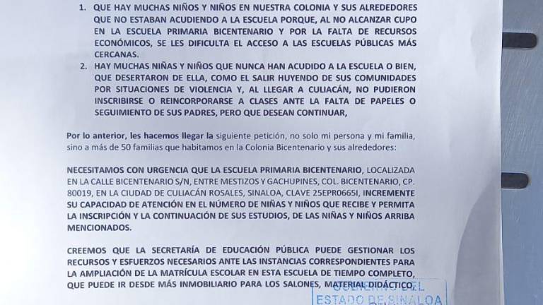 Mediante un comunicado dirigido al Gobernador del Estado, Rubén Rocha Moya y la Secretaria de Educación, Graciela Domínguez Nava, expresaron la necesidad urgente para dar atención a los menores.