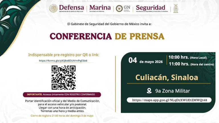 El Gobierno de México informó que el Gabinete de Seguridad federal ofrecerá una rueda de prensa en Culiacán este lunes 4 de mayo.