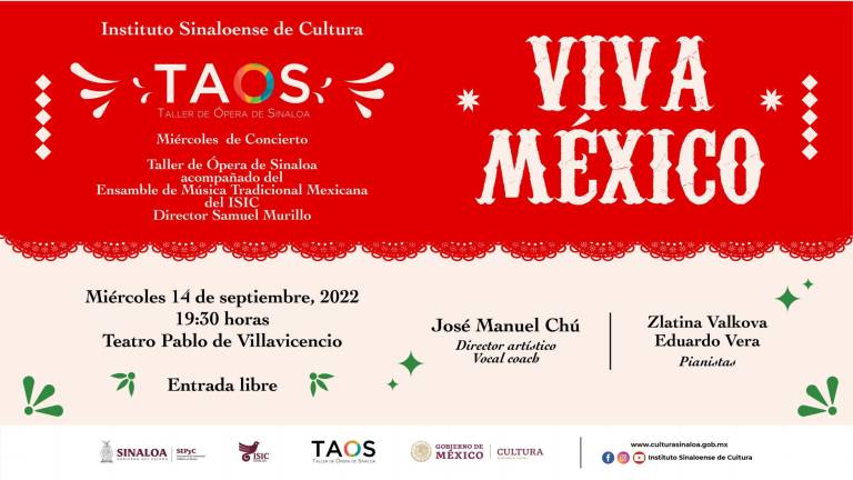 Cantarán ‘¡Viva México!’ con el Taller de Ópera de Sinaloa este miércoles 14