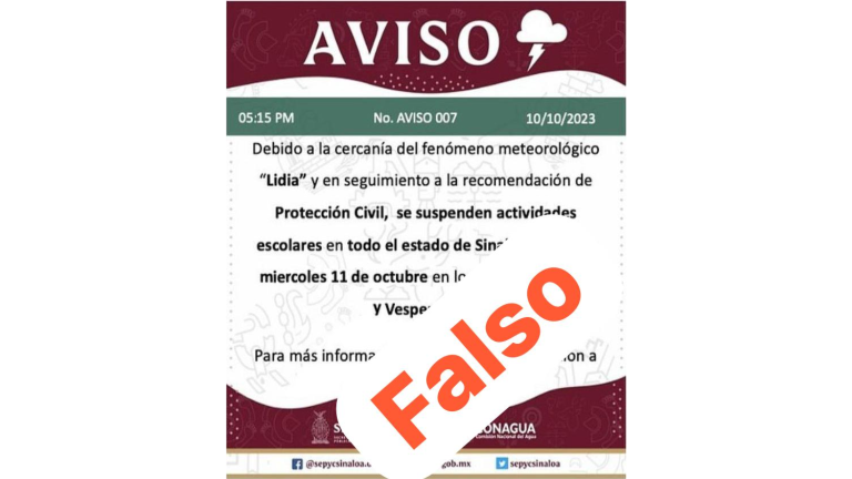 Hasta el momento, este miércoles 11 de octubre habrá clases en todos los municipios de Sinaloa; este aviso que circula en redes es falso.