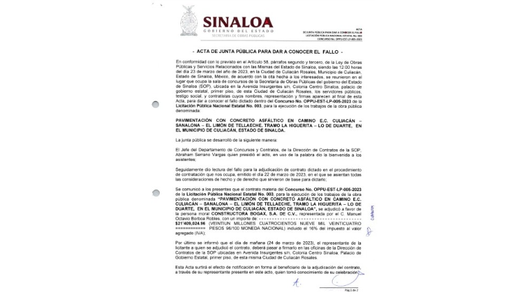 La licitación correspondió al Concurso No. OPPU-EST-LP-005-2023 con número de licitación pública nacional estatal 003.
