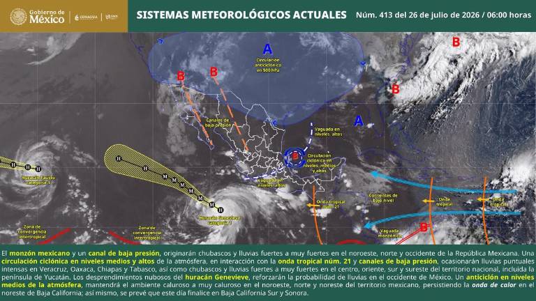 Sinaloa podría presentar lluvias fuertes a muy fuertes este domingo, además de temperaturas máximas de entre 35 y 40 grados.