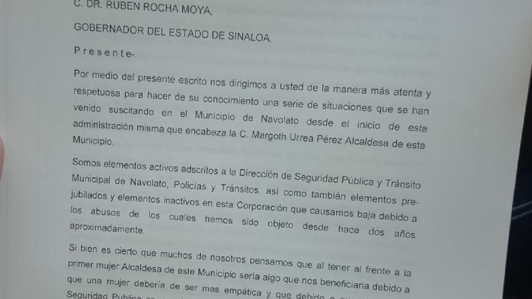La carta va dirigida al Gobernador de Sinaloa donde se denuncian abusos en la Dirección de Seguridad Pública de Navolato-