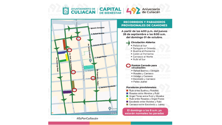 Anuncian cierre de la Álvaro Obregón y cambios de rutas por festejos del 492 Aniversario de Culiacán