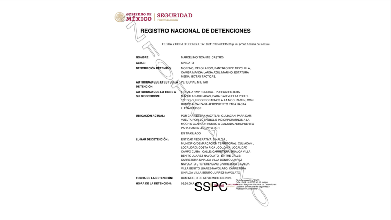 Informe del Registro Nacional de Detenciones sobre Marcelino Ticante Castro.
