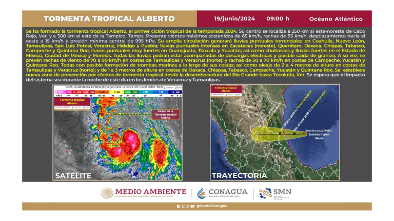 El centro del primer ciclón de la temporada 2024 estaba a 250 kilómetros al este-noreste de Cabo Rojo, Veracruz, y a 300 km al este de Tampico, Tamaulipas, a las 9:00 horas.