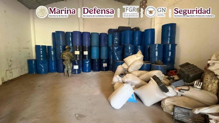 Elementos de la Marina y FGR inhabilitaron una bodega con precursores químicos y un campamento en Petatlán, Guerrero.