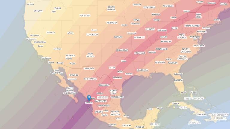 El “camino de la totalidad” para el eclipse solar total del 8 de abril de 2024 es la franja estrecha y oscura que cruza el centro de este mapa. Otras partes de América del Norte experimentarán un eclipse parcial.