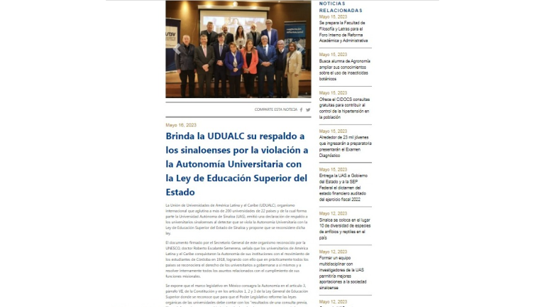 La Unión de Universidades de América Latina y el Caribe mostró su apoyo a la Universidad Autónoma de Sinaloa ante la aprobación de la Ley General de Educación Superior.