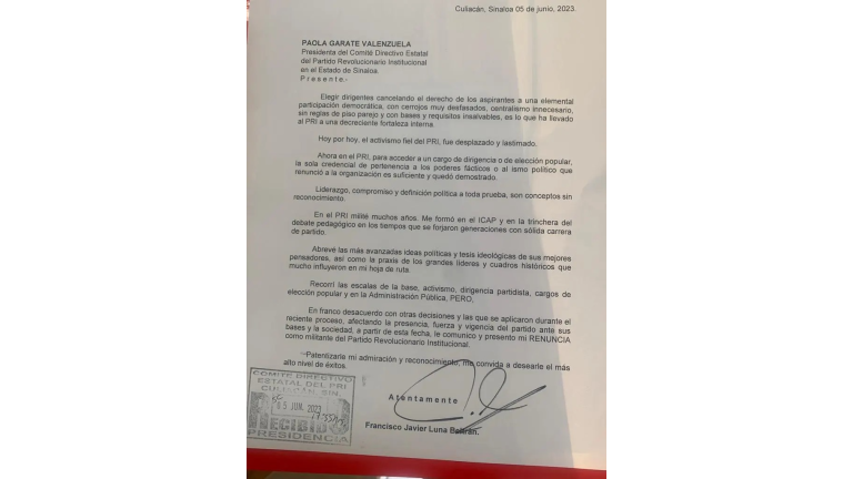 Francisco Javier Luna Beltrán renunció a su militancia en el PRI por medio de una carta.