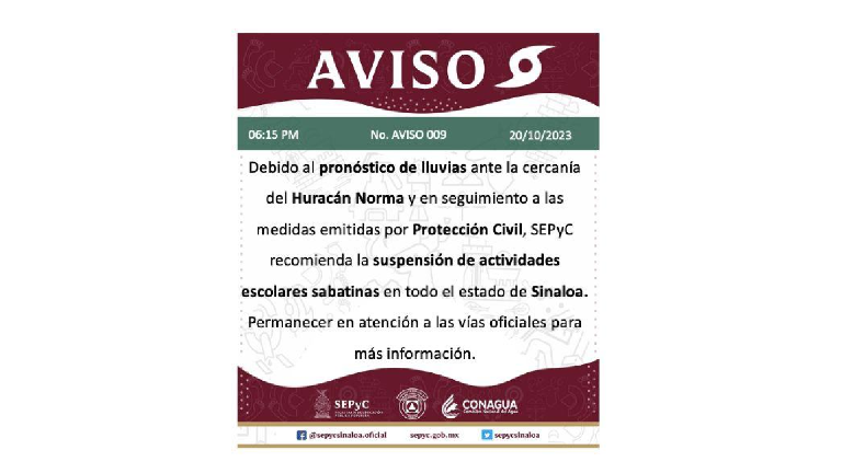 Aviso oficial de suspensión de actividades sabatinas.