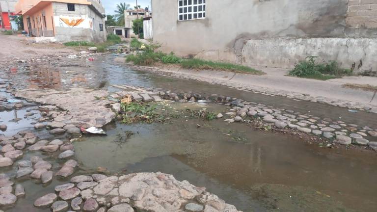 Se quejan vecinos de aguas pestilentes de un drenaje colapsado en la calle Río Piaxtla en Escuinapa