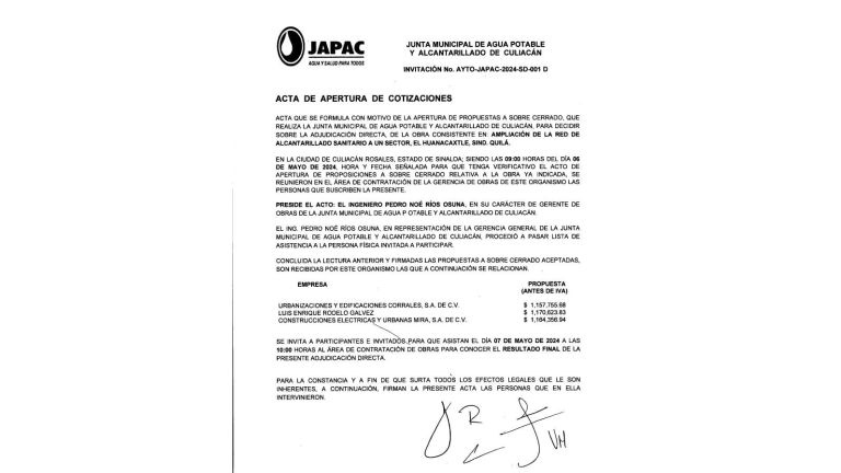 De acuerdo a Compranet, la licitación de adjudicación directa la realizará la empresa Urbanizaciones y Edificaciones Corrales, S.A. de C.V.