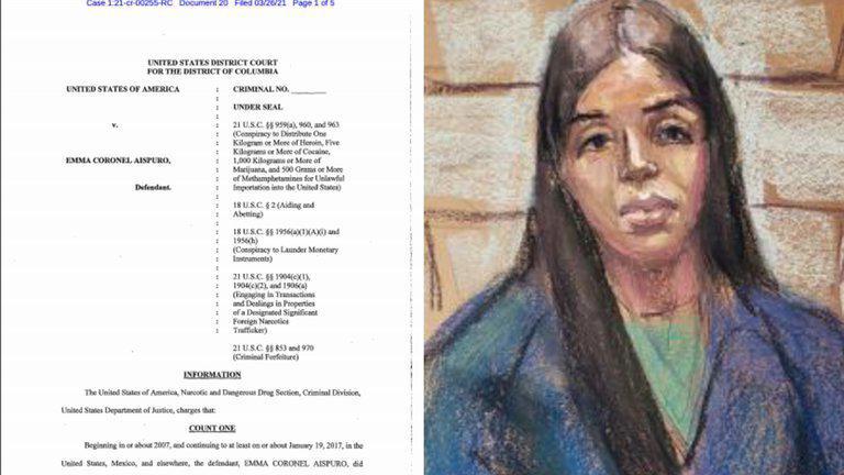 Ficha de Emma Coronel Aispuro cuando enfrentaba el proceso tras su detención en Estados Unidos.