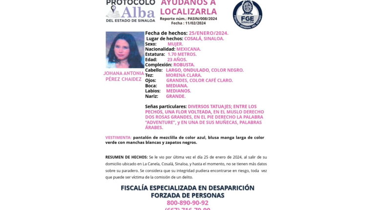 Reportan la desaparición de joven mujer en Cosalá