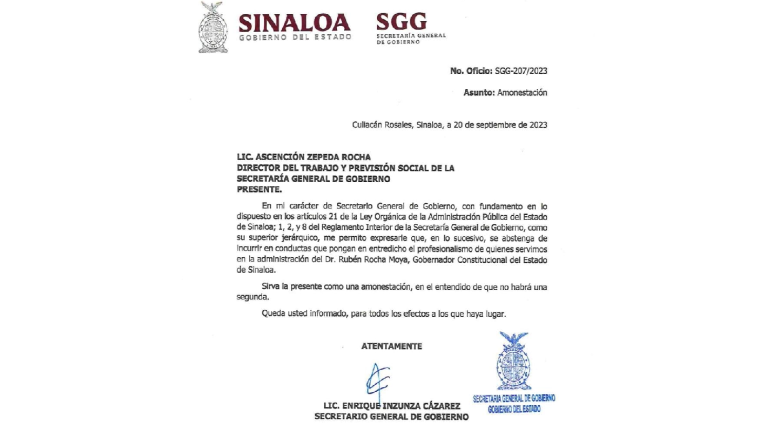 Amonestación firmada por el Secretario General de Gobierno estatal Enrique Inzunza Cazárez.