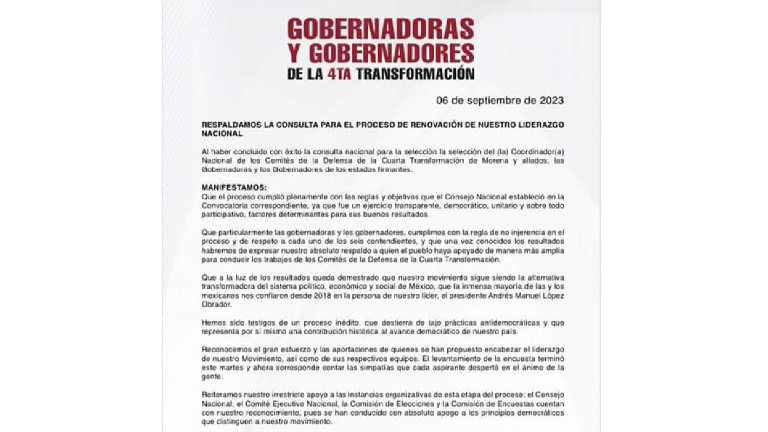 En un comunicado se establece que una vez se revelen los resultados, los gobernadores de la 4T apoyarán a quien resulte vencedor.