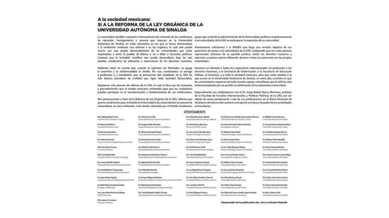 Desplegado de integrantes de la comunidad científica y académica de diferentes instituciones educativas de México y el extranjero.
