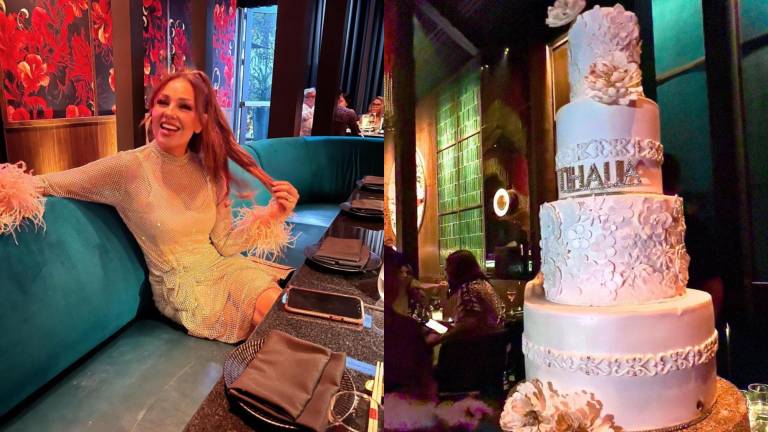 Thalía celebra su cumpleaños 51 con un gran pastel de cuatro pisos.