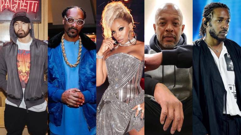 Eminem, Snoop Dogg, Mary J. Blige, Dr. Dre y Kendrick Lamar en promocional del show de medio tiempo del Super Bowl.