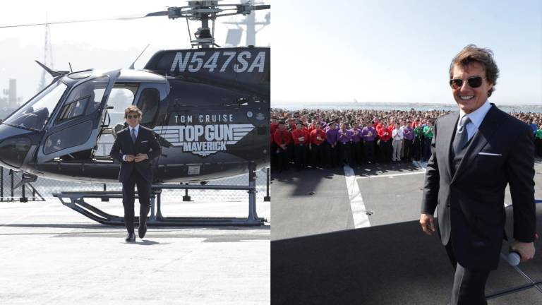 Tom Cruise llega a la premiere de ‘Top Gun: Maverick’ piloteando un helicóptero.