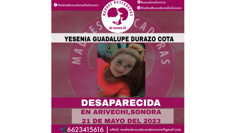 Yesenia desapareció en Arivechi, Sonora, el domingo 21 de mayo.